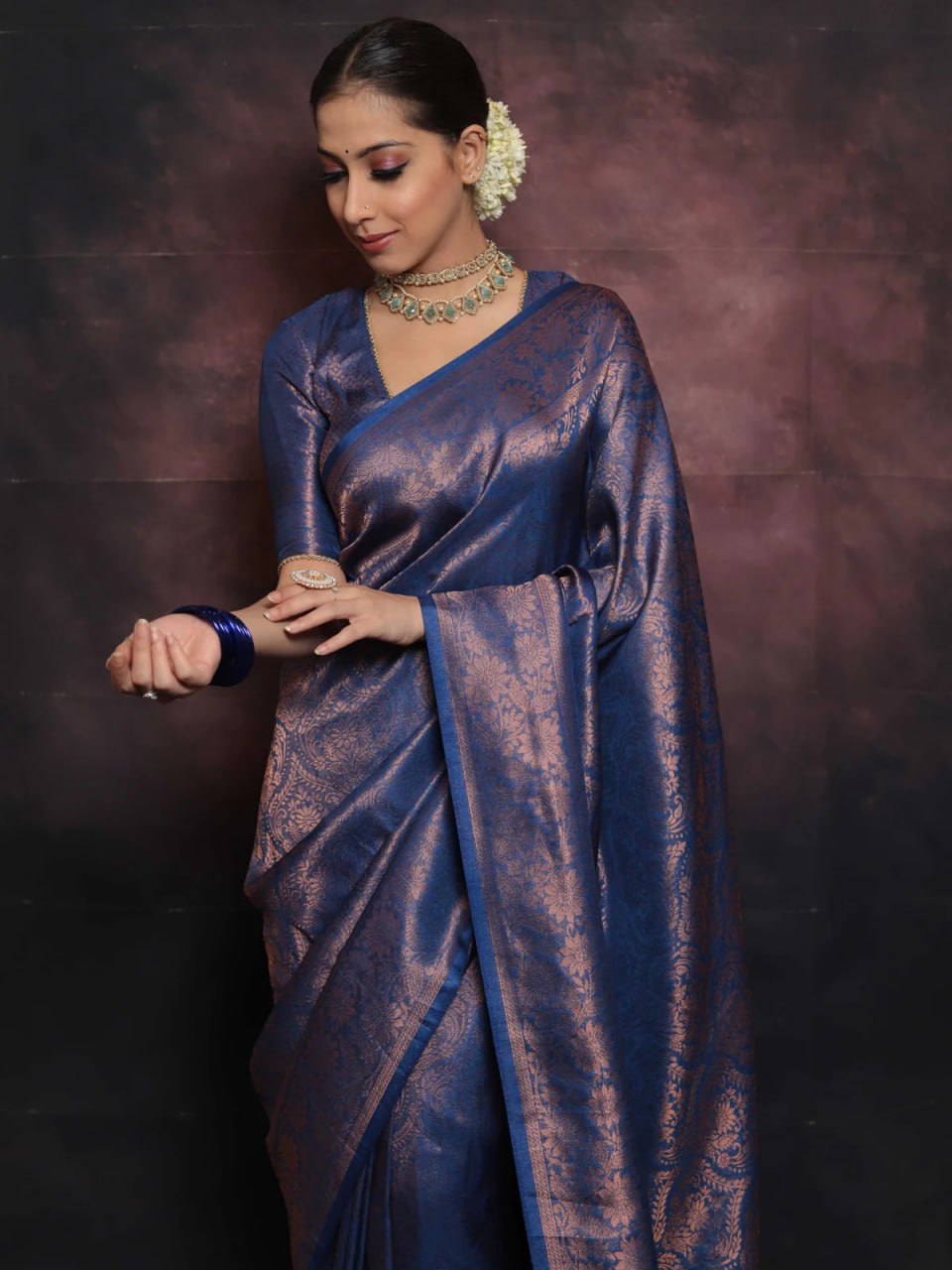 Royal Midnight Blue Banarasi Silk Saree with Intricate Copper Zari Weave