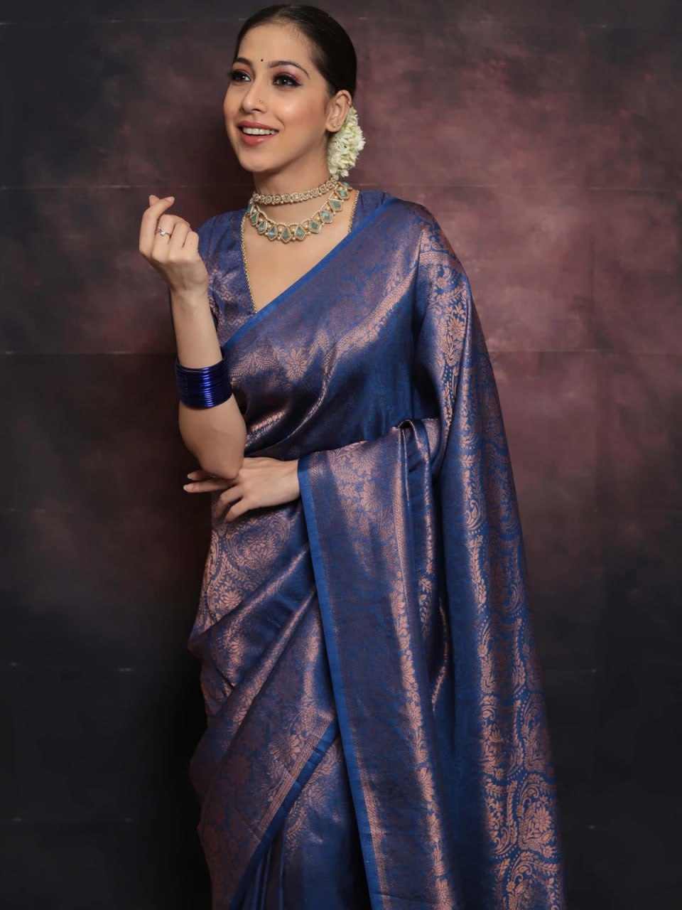 Royal Midnight Blue Banarasi Silk Saree with Intricate Copper Zari Weave