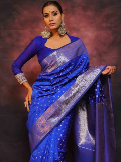 Exquisite Royal Blue Banarasi Silk Saree with Intricate Silver Zari Weave