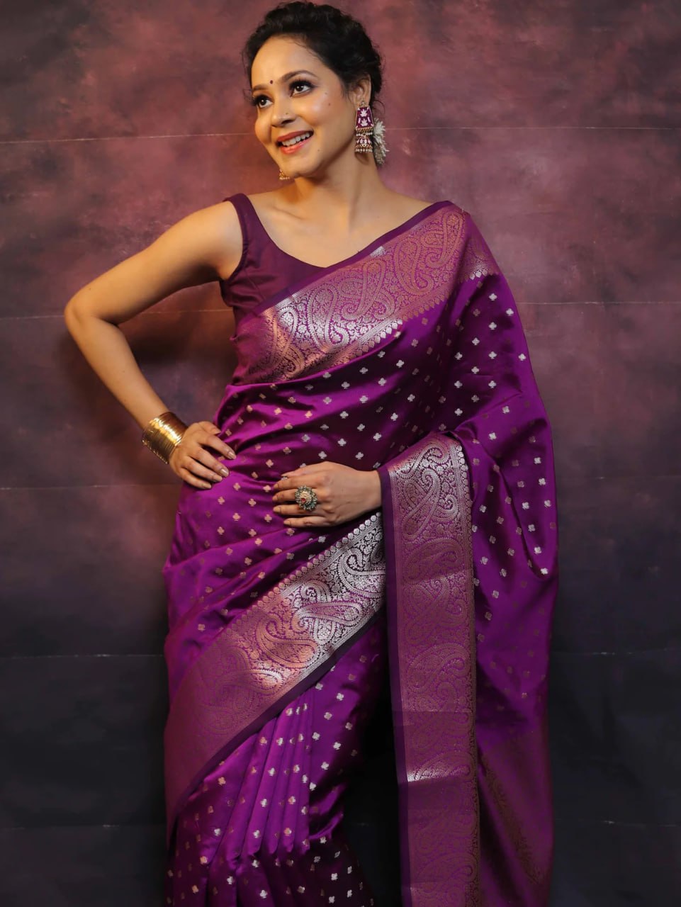 Royal Purple Banarasi Silk Saree with Intricate Silver Zari Work