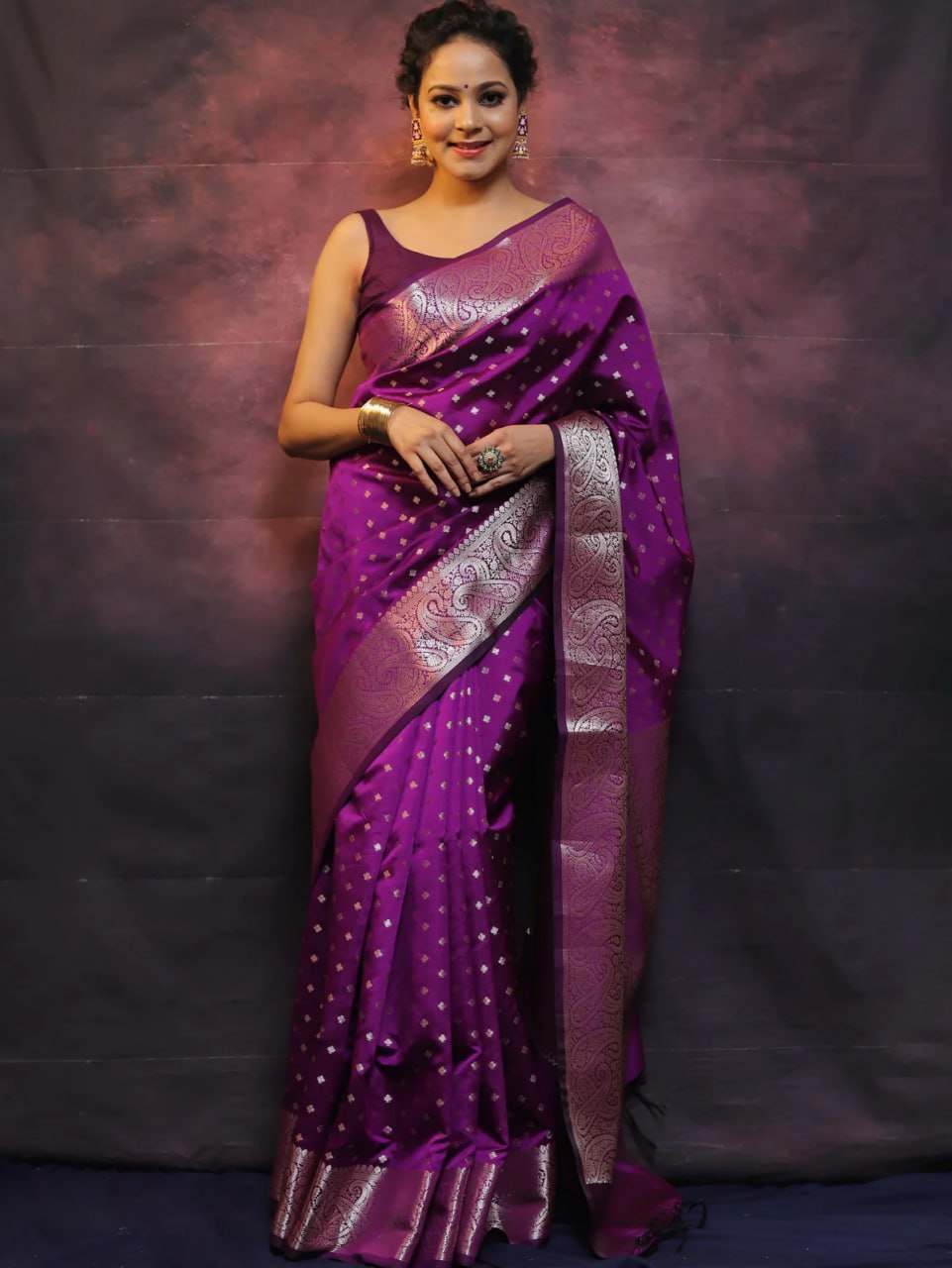 Royal Purple Banarasi Silk Saree with Intricate Silver Zari Work