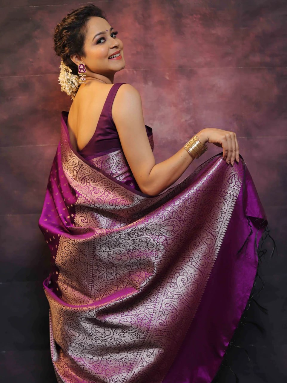 Royal Purple Banarasi Silk Saree with Intricate Silver Zari Work