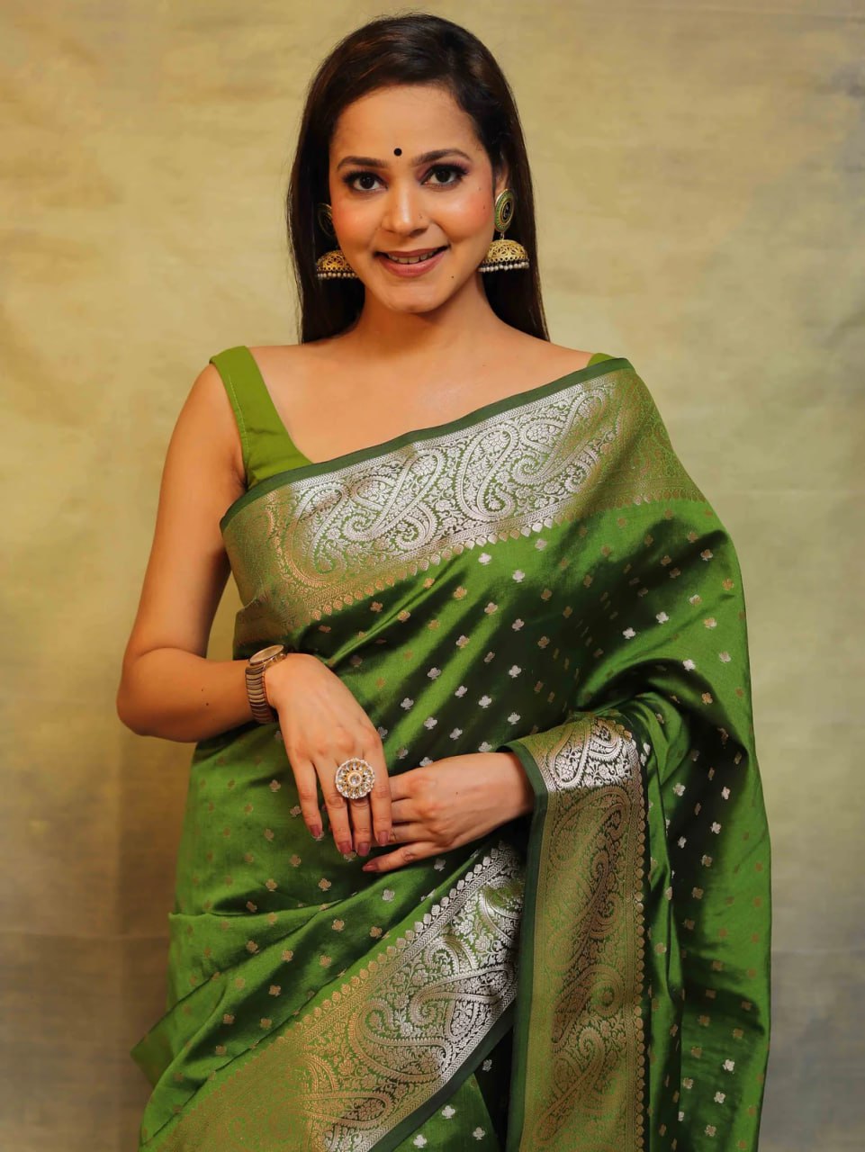 Royal Olive Green Banarasi Silk Saree with Intricate Silver Zari Work