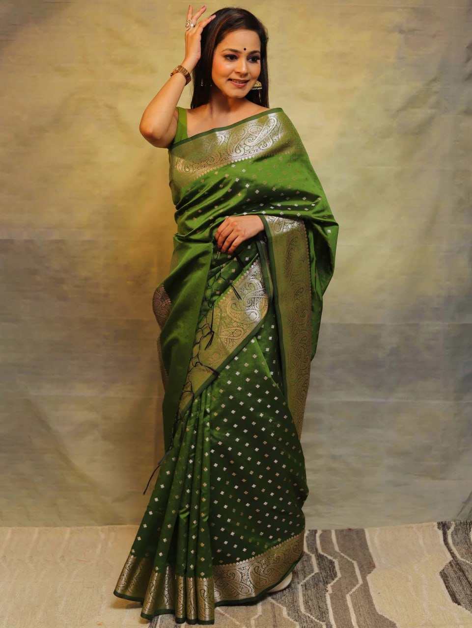 Royal Olive Green Banarasi Silk Saree with Intricate Silver Zari Work