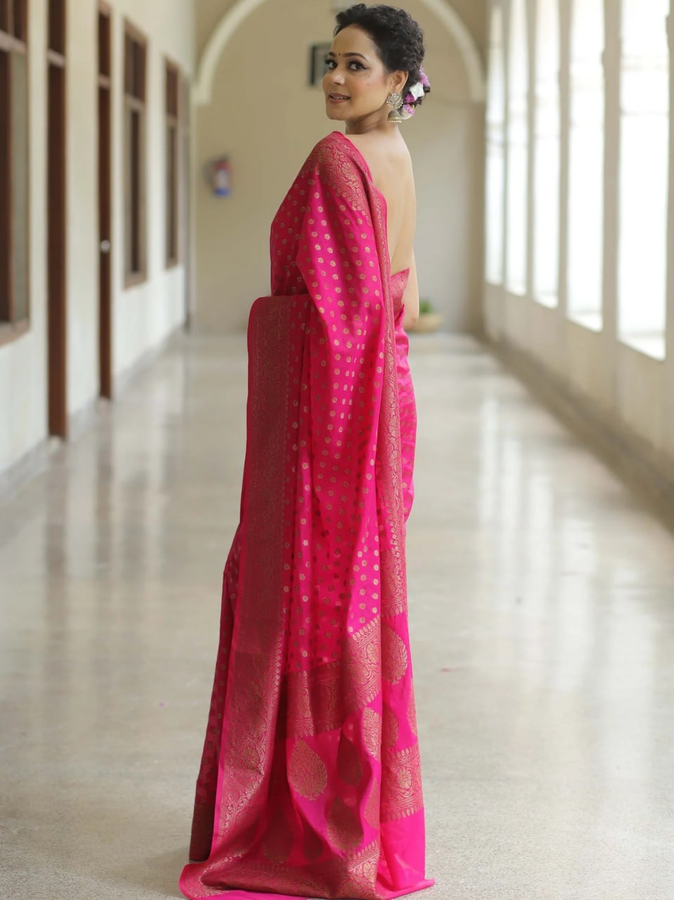 Exquisite Fuchsia Pink Handwoven Banarasi Silk Saree with Antique Gold Zari Motifs