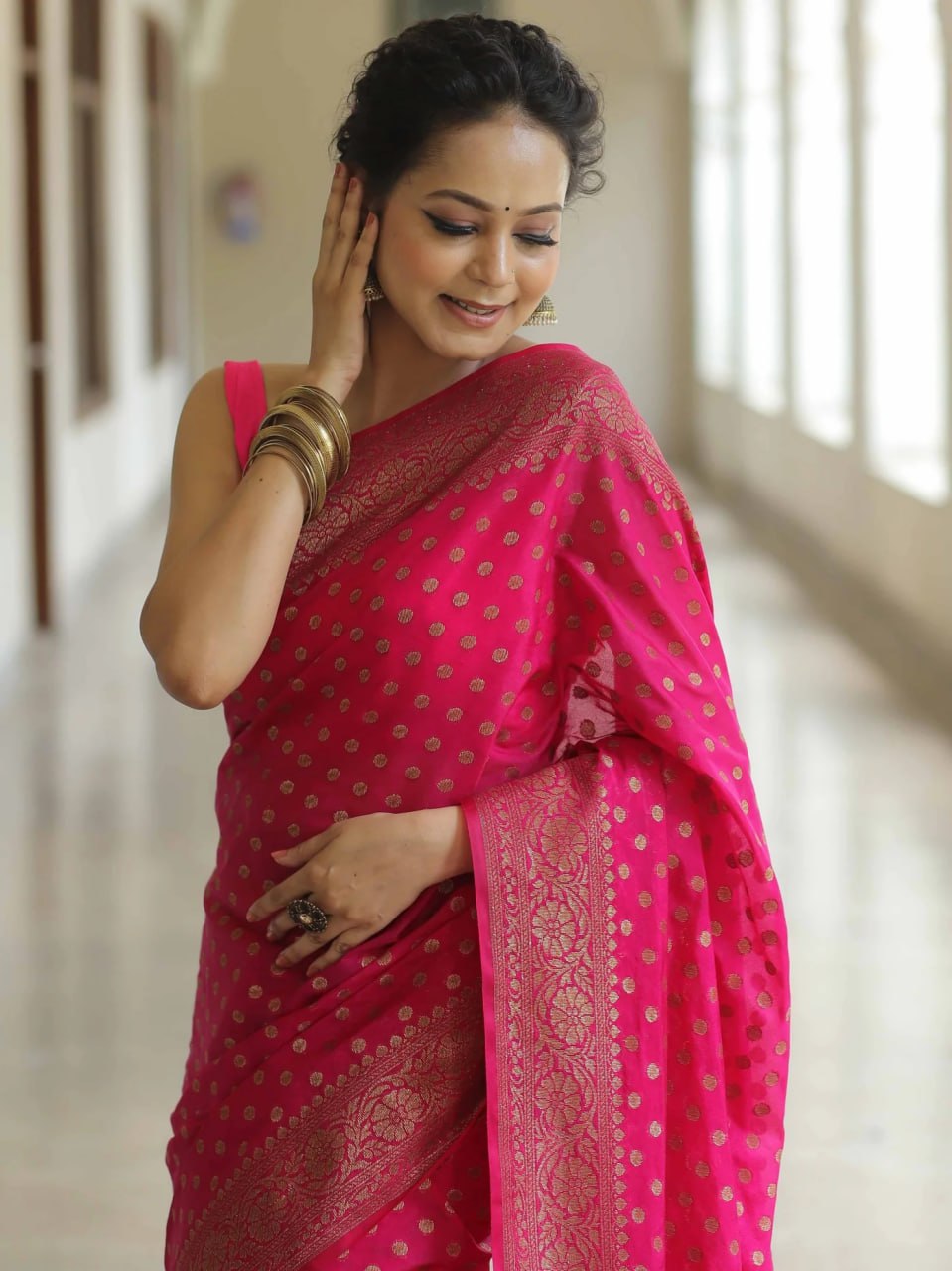 Exquisite Fuchsia Pink Handwoven Banarasi Silk Saree with Antique Gold Zari Motifs