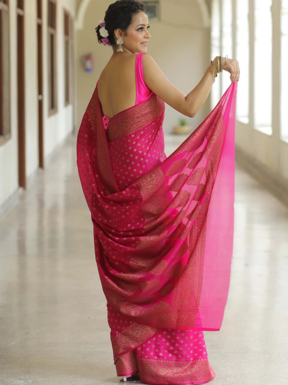 Exquisite Fuchsia Pink Handwoven Banarasi Silk Saree with Antique Gold Zari Motifs