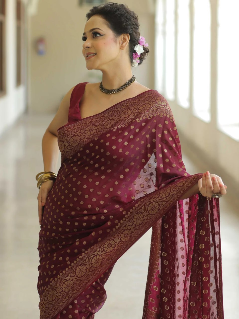 Royal Maroon Banarasi Silk Saree with Intricate Gold Zari Butta