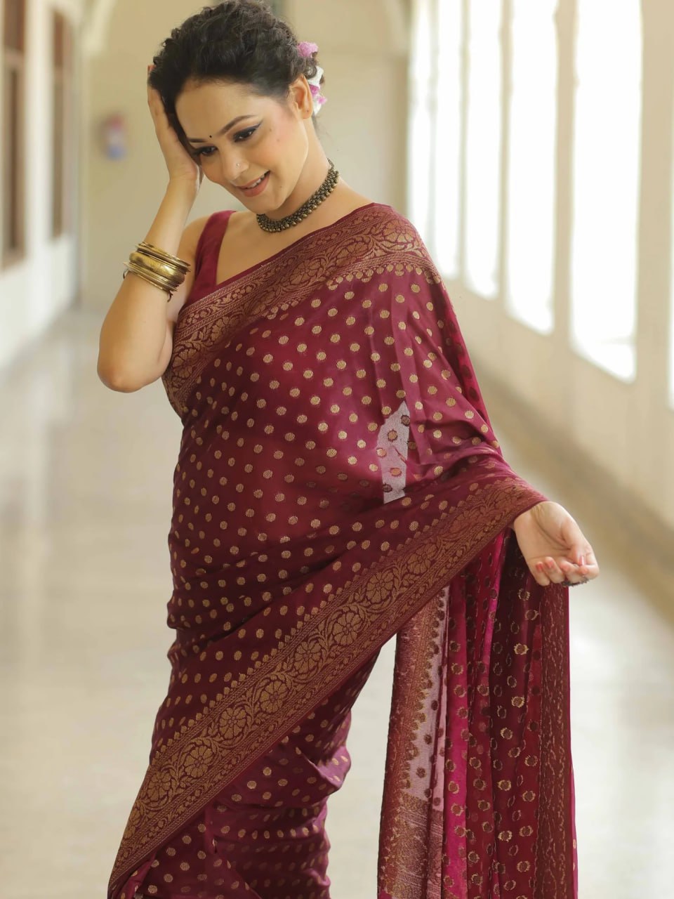 Royal Maroon Banarasi Silk Saree with Intricate Gold Zari Butta