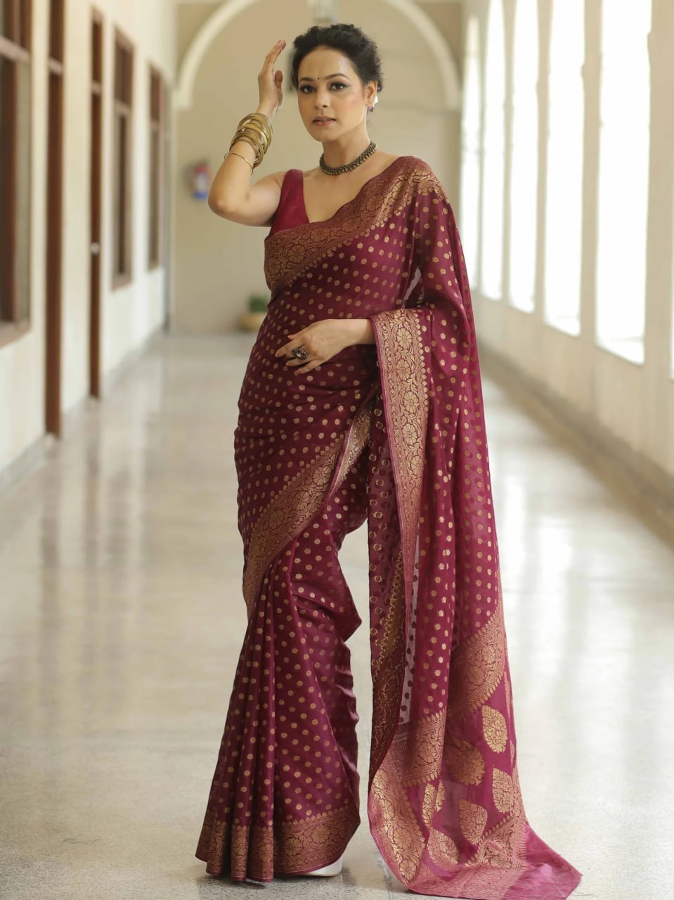 Royal Maroon Banarasi Silk Saree with Intricate Gold Zari Butta