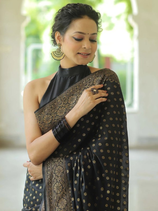 Midnight Noir Banarasi Silk Saree with Antique Gold Zari Motif