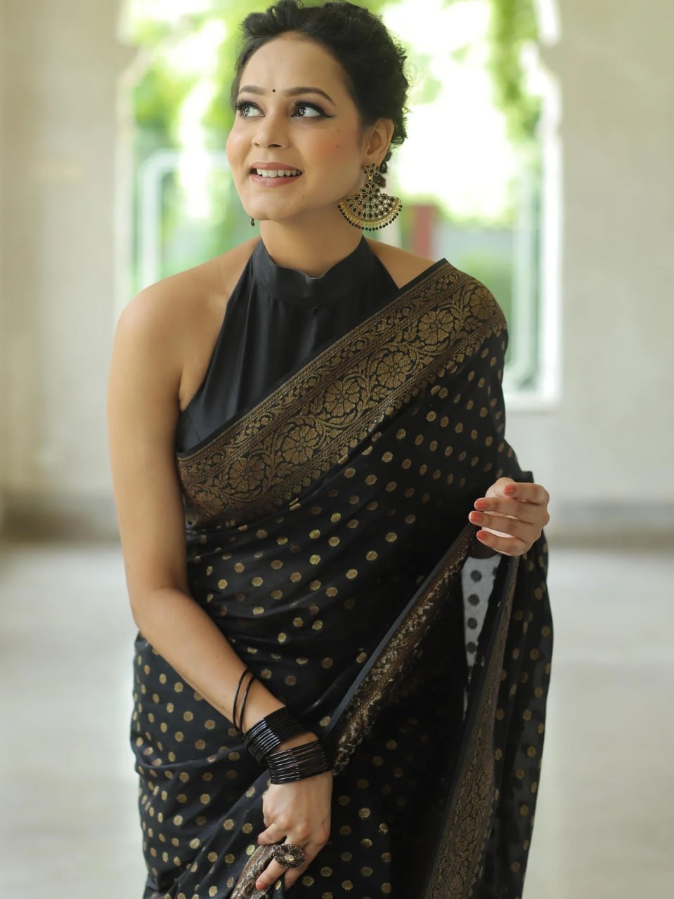 Midnight Noir Banarasi Silk Saree with Antique Gold Zari Motif