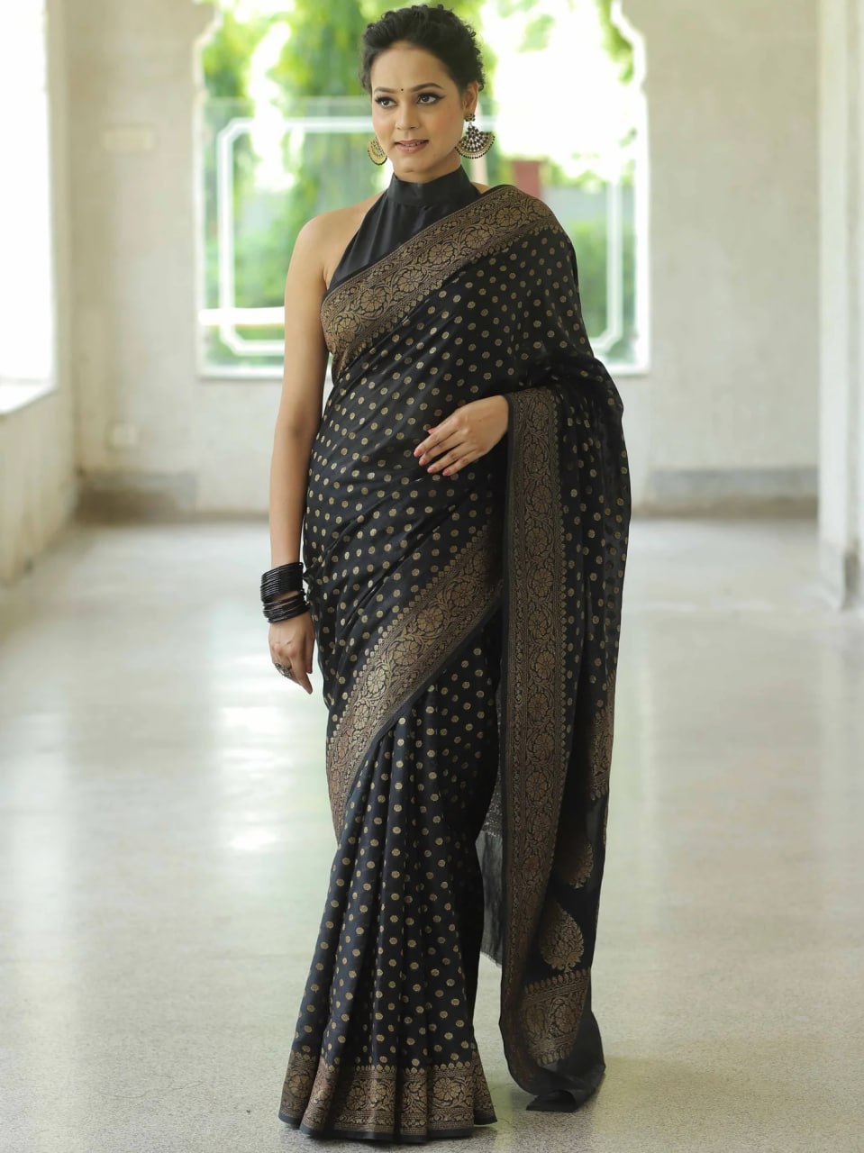 Midnight Noir Banarasi Silk Saree with Antique Gold Zari Motif