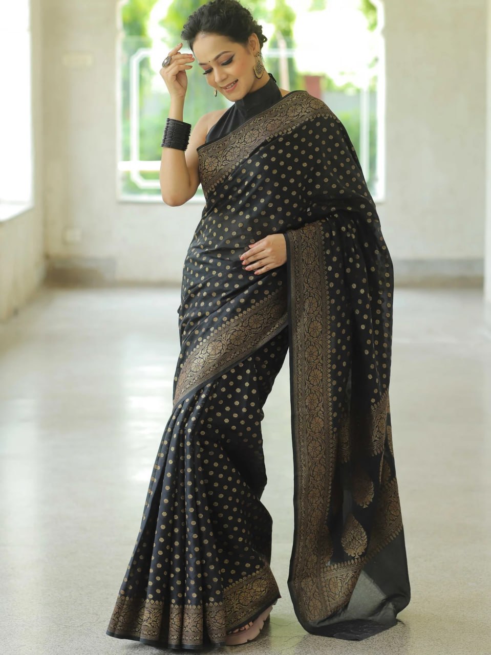 Midnight Noir Banarasi Silk Saree with Antique Gold Zari Motif