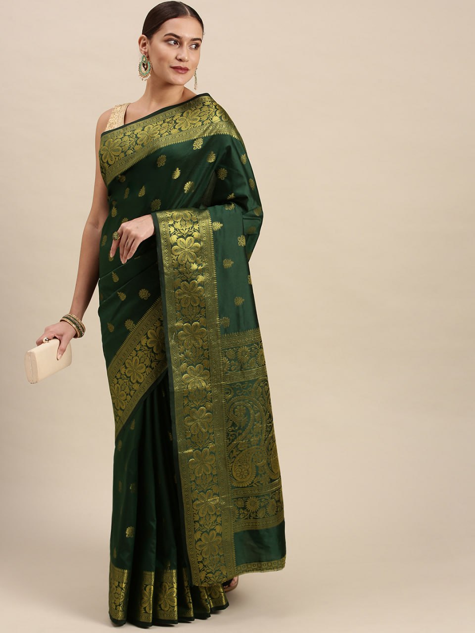 Royal Emerald Green Banarasi Silk Saree with Antique Gold Zari Weave