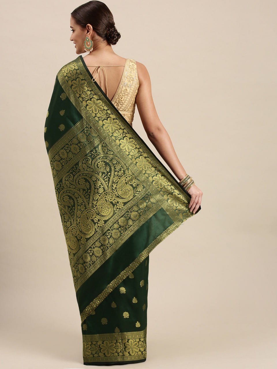 Royal Emerald Green Banarasi Silk Saree with Antique Gold Zari Weave