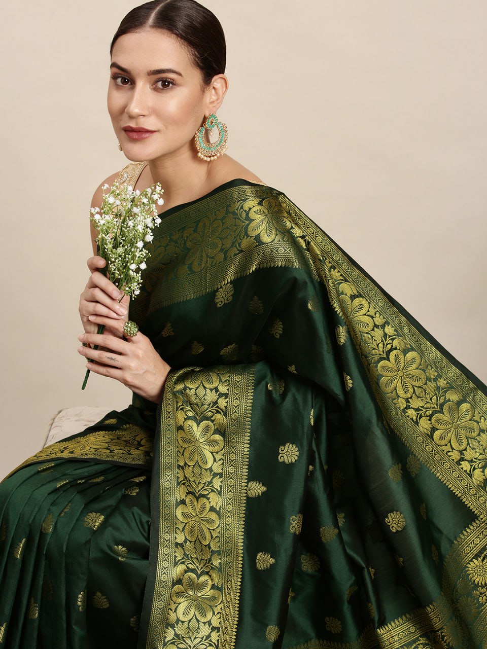 Royal Emerald Green Banarasi Silk Saree with Antique Gold Zari Weave
