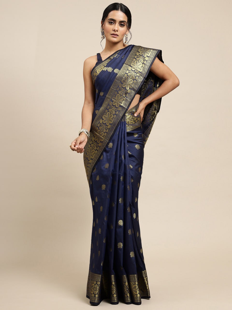 Midnight Navy Banarasi Silk Saree with Elegant Gold Zari Weave