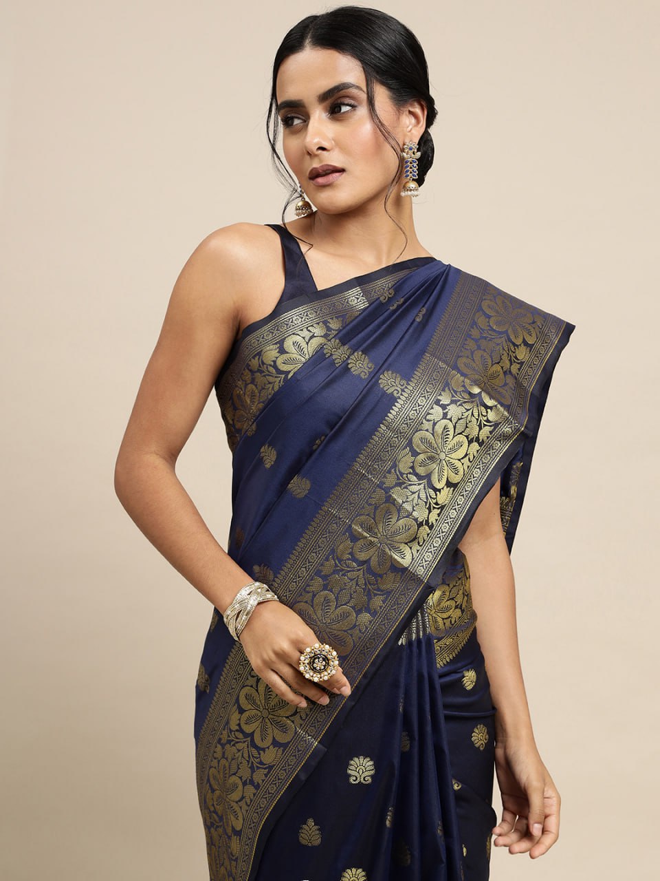 Midnight Navy Banarasi Silk Saree with Elegant Gold Zari Weave