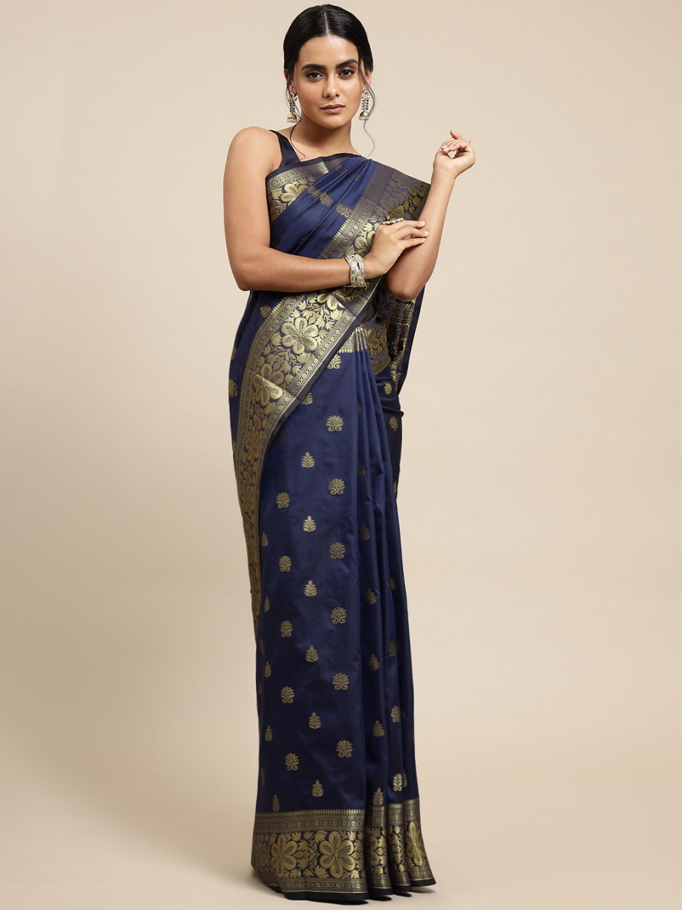 Midnight Navy Banarasi Silk Saree with Elegant Gold Zari Weave