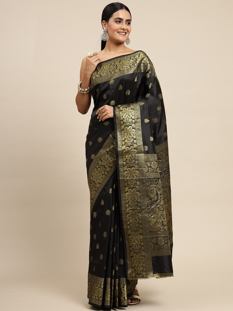Regal Midnight Black Banarasi Silk Saree with Intricate Gold Zari Border