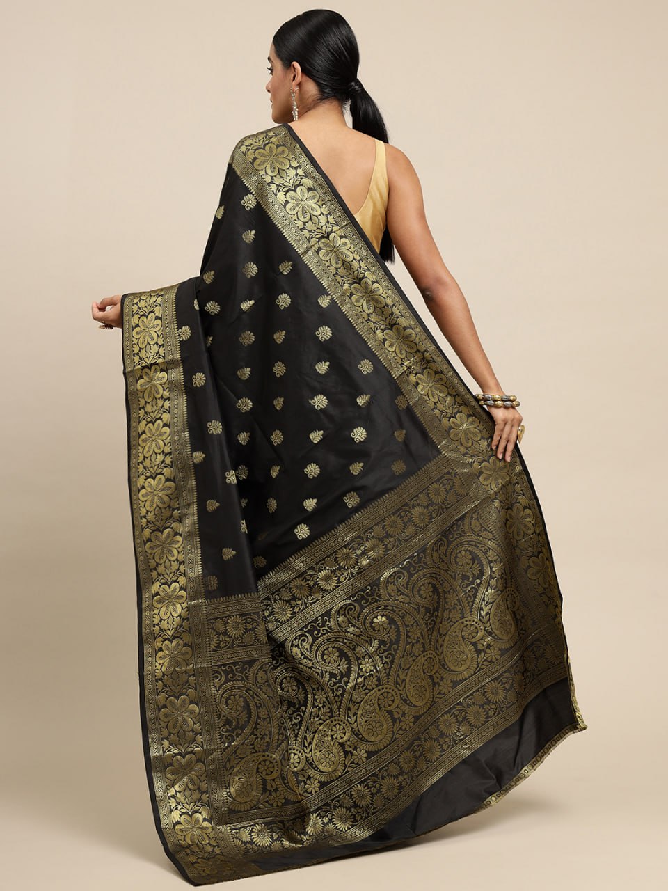 Regal Midnight Black Banarasi Silk Saree with Intricate Gold Zari Border