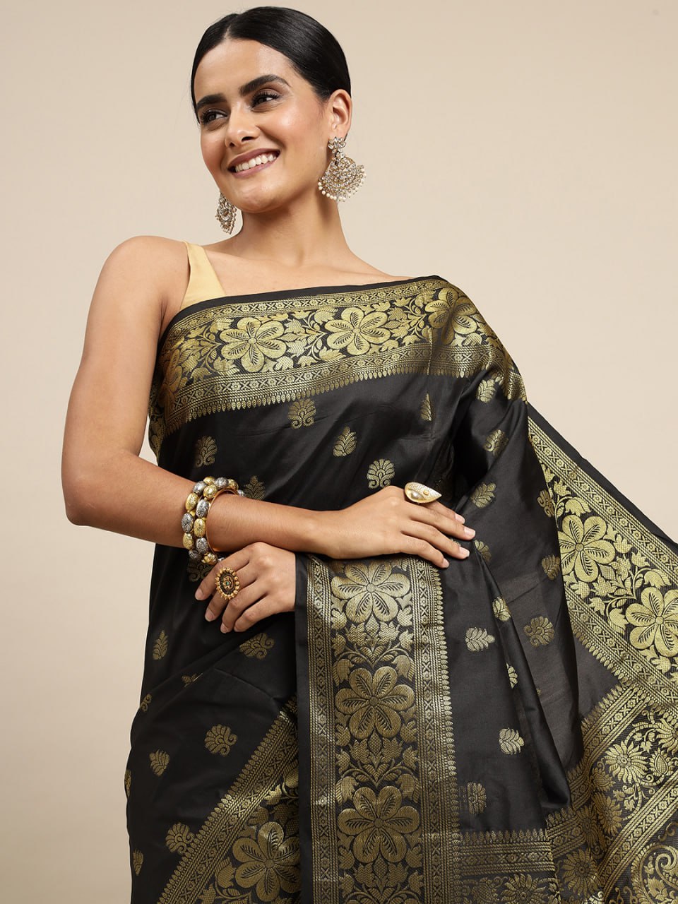 Regal Midnight Black Banarasi Silk Saree with Intricate Gold Zari Border