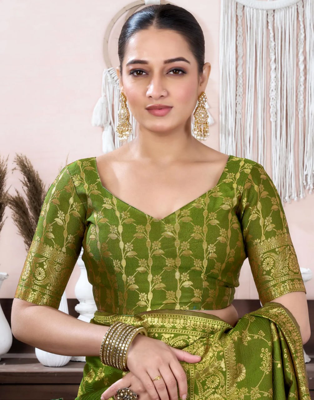 Olive Green Floral Banarasi Silk Saree with Rich Golden Zari Border