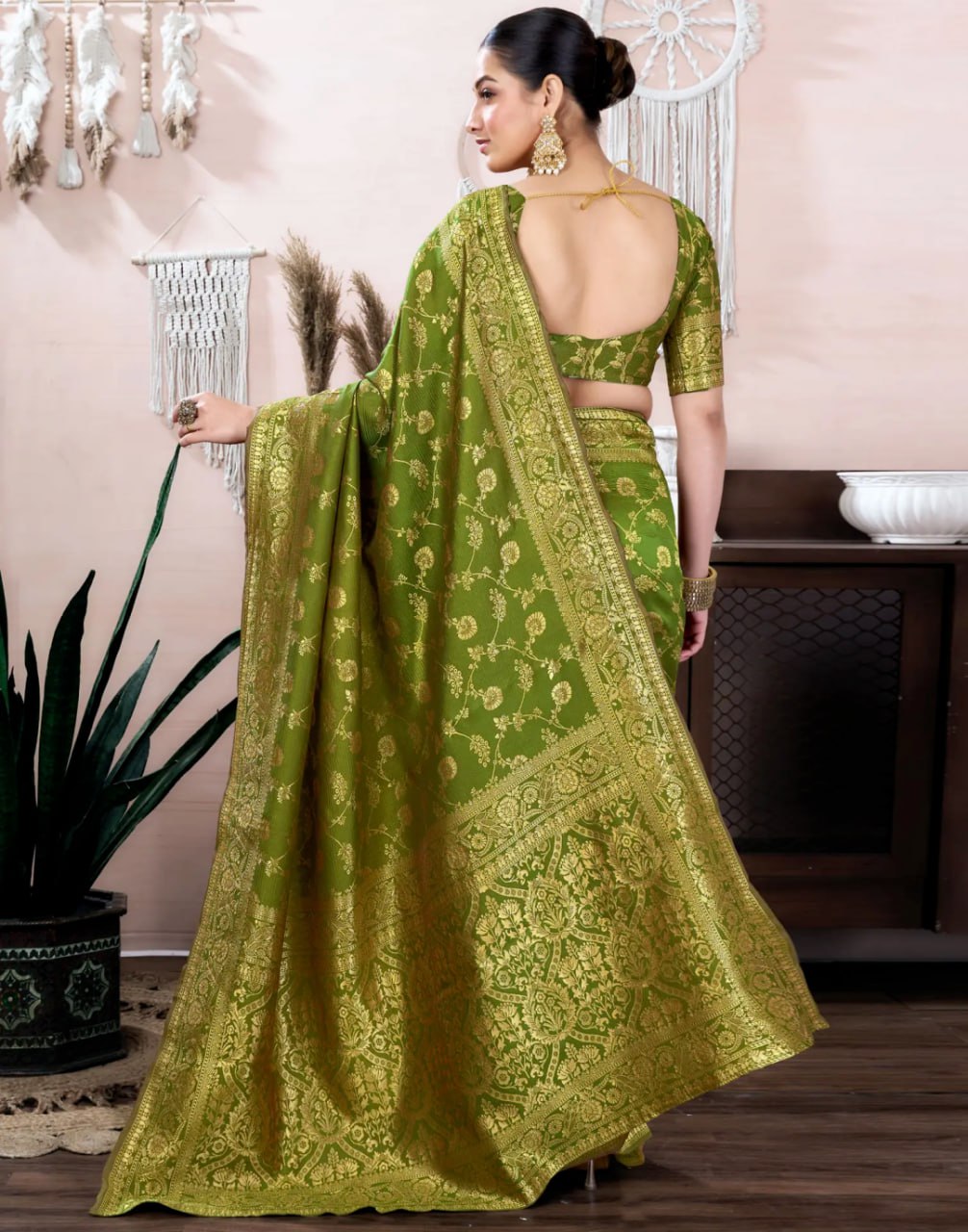 Olive Green Floral Banarasi Silk Saree with Rich Golden Zari Border