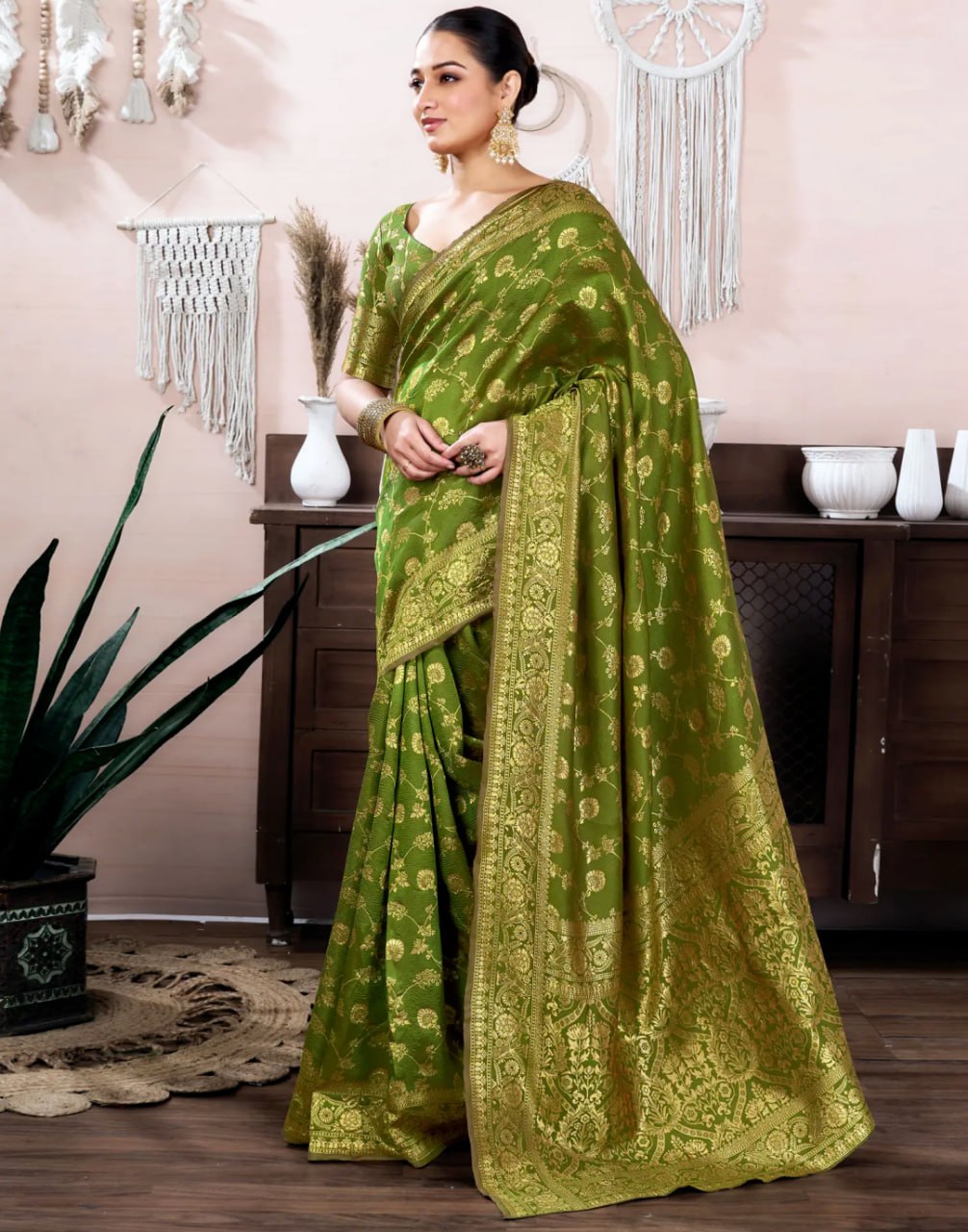 Olive Green Floral Banarasi Silk Saree with Rich Golden Zari Border