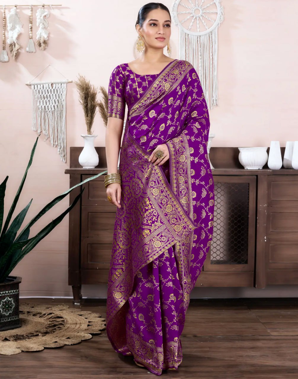 Regal Royal Purple Banarasi Silk Saree with Intricate Gold Zari Weaving