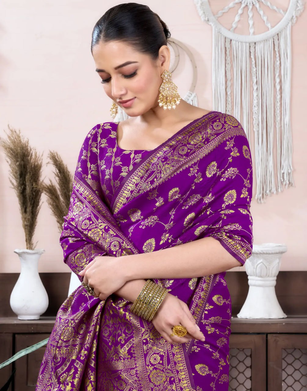 Regal Royal Purple Banarasi Silk Saree with Intricate Gold Zari Weaving