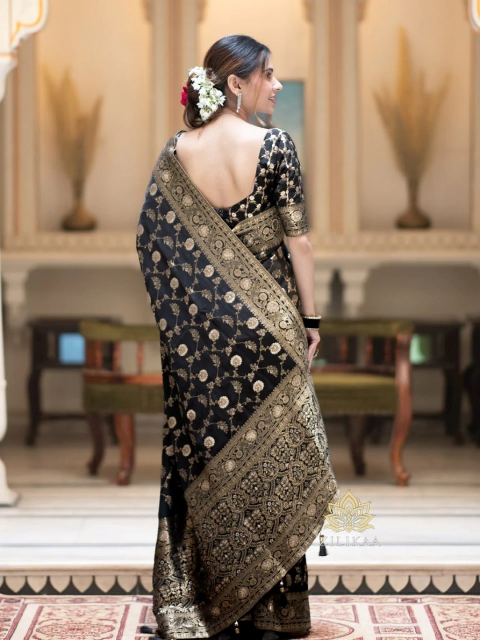 Midnight Noir Banarasi Silk Saree with Intricate Gold Zari Weave