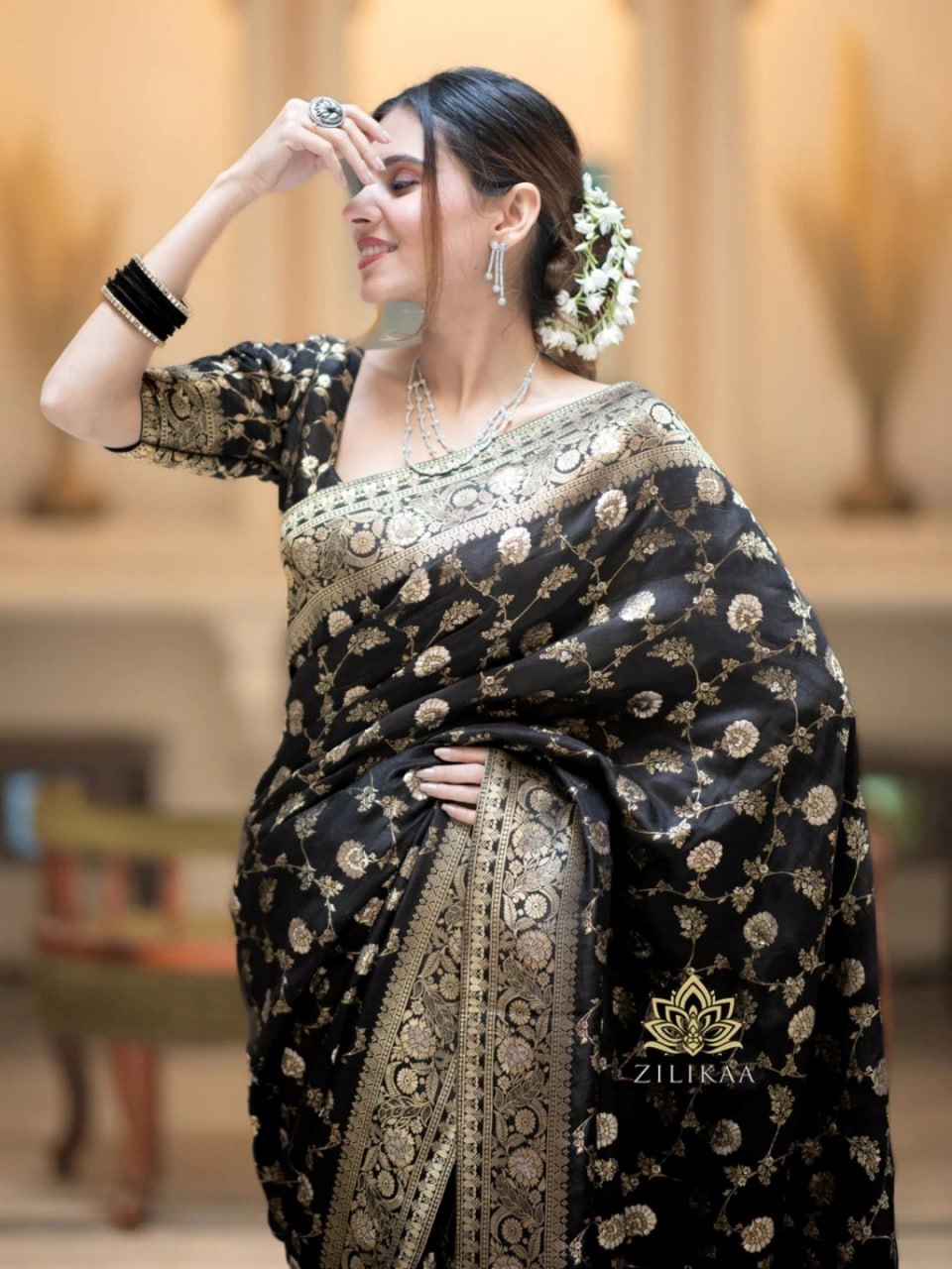 Midnight Noir Banarasi Silk Saree with Intricate Gold Zari Weave