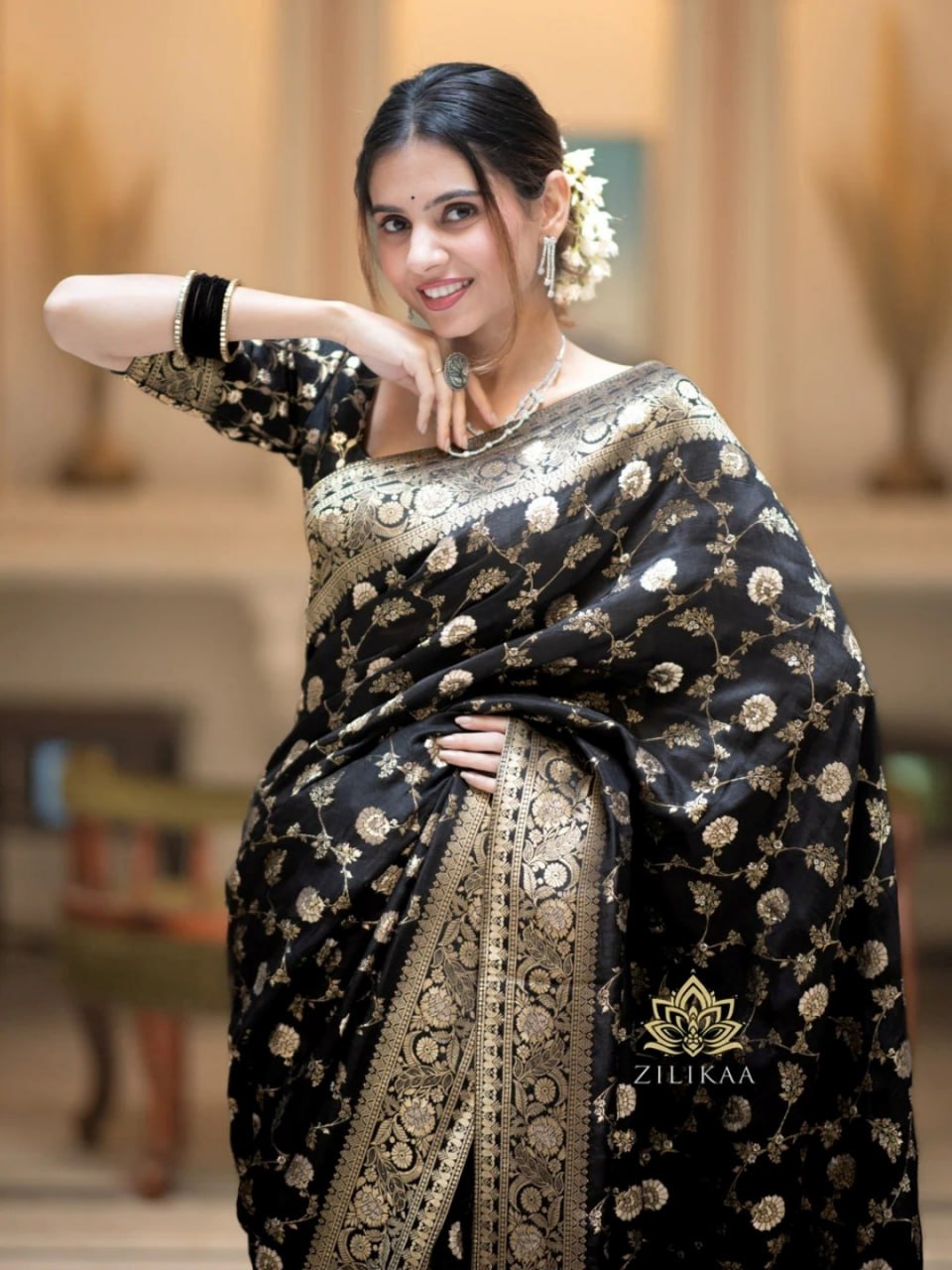 Midnight Noir Banarasi Silk Saree with Intricate Gold Zari Weave