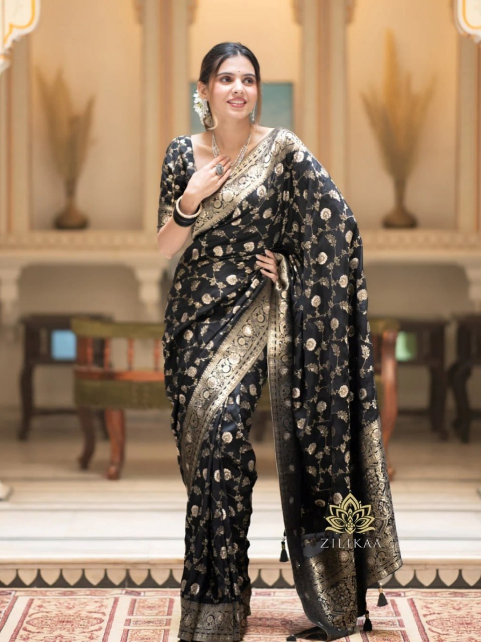 Midnight Noir Banarasi Silk Saree with Intricate Gold Zari Weave