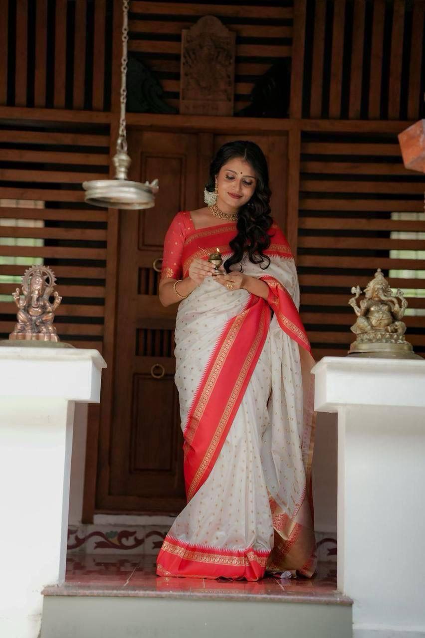 Ethereal White & Coral Banarasi Silk Saree with Intricate Gold Buttis