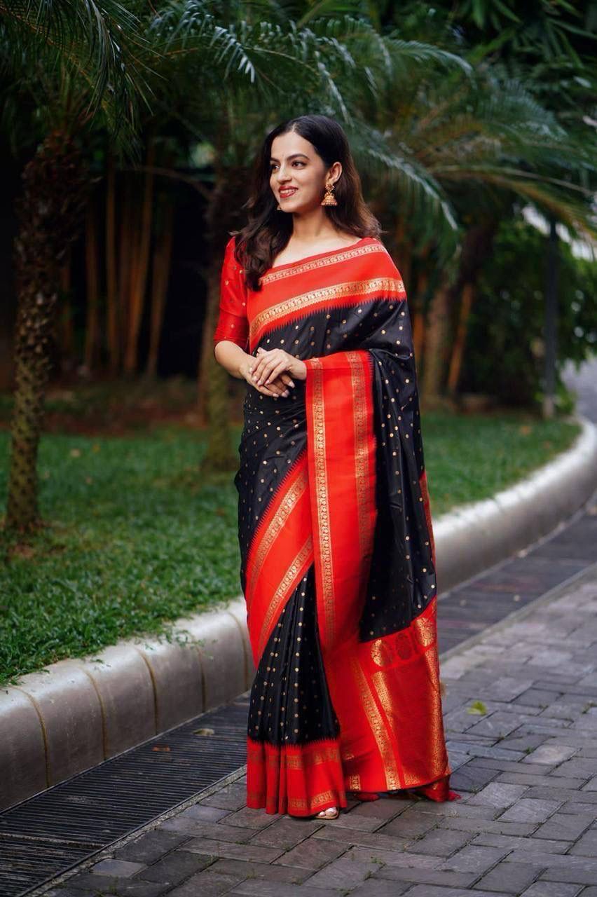 Regal Midnight Black & Crimson Red Banarasi Silk Saree
