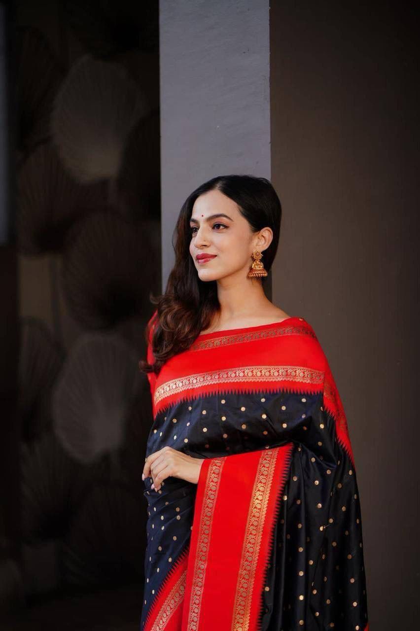 Regal Midnight Black & Crimson Red Banarasi Silk Saree