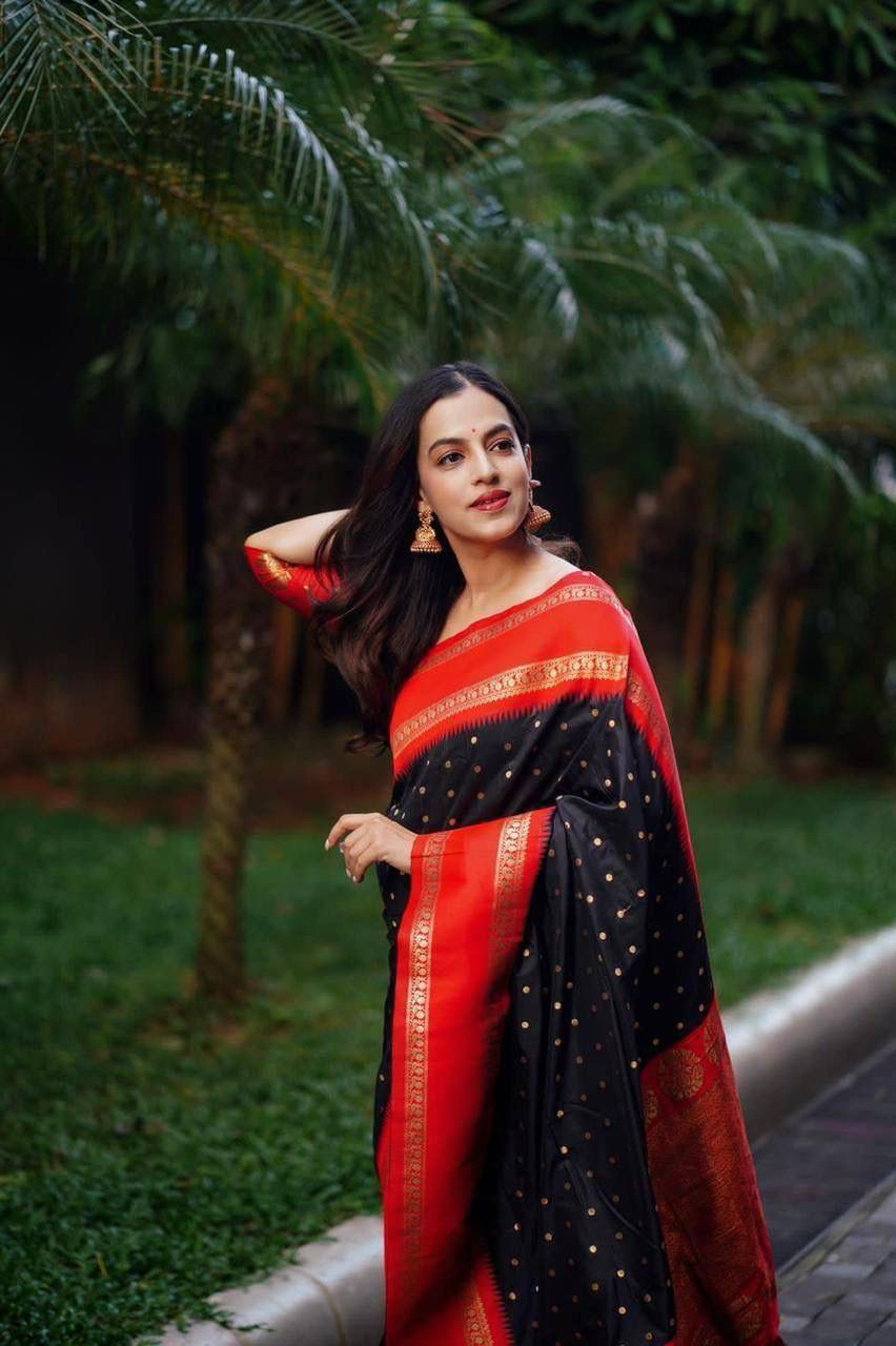 Regal Midnight Black & Crimson Red Banarasi Silk Saree