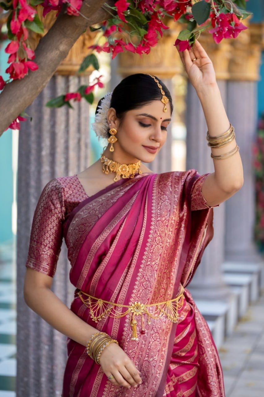 Opulent Magenta Striped Banarasi Silk Saree with Rich Brocade Border