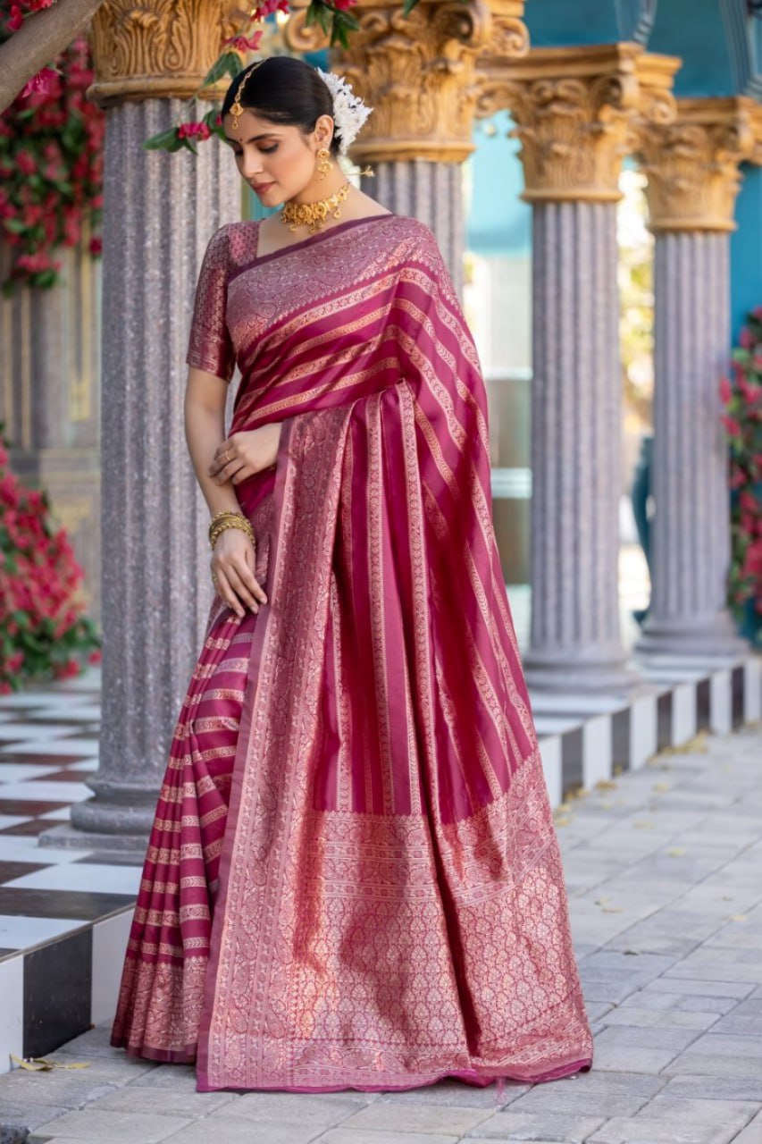 Opulent Magenta Striped Banarasi Silk Saree with Rich Brocade Border