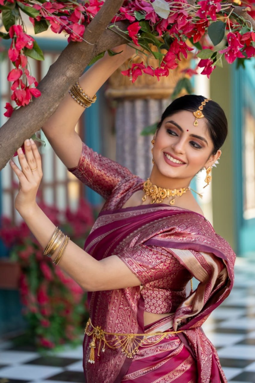 Opulent Magenta Striped Banarasi Silk Saree with Rich Brocade Border