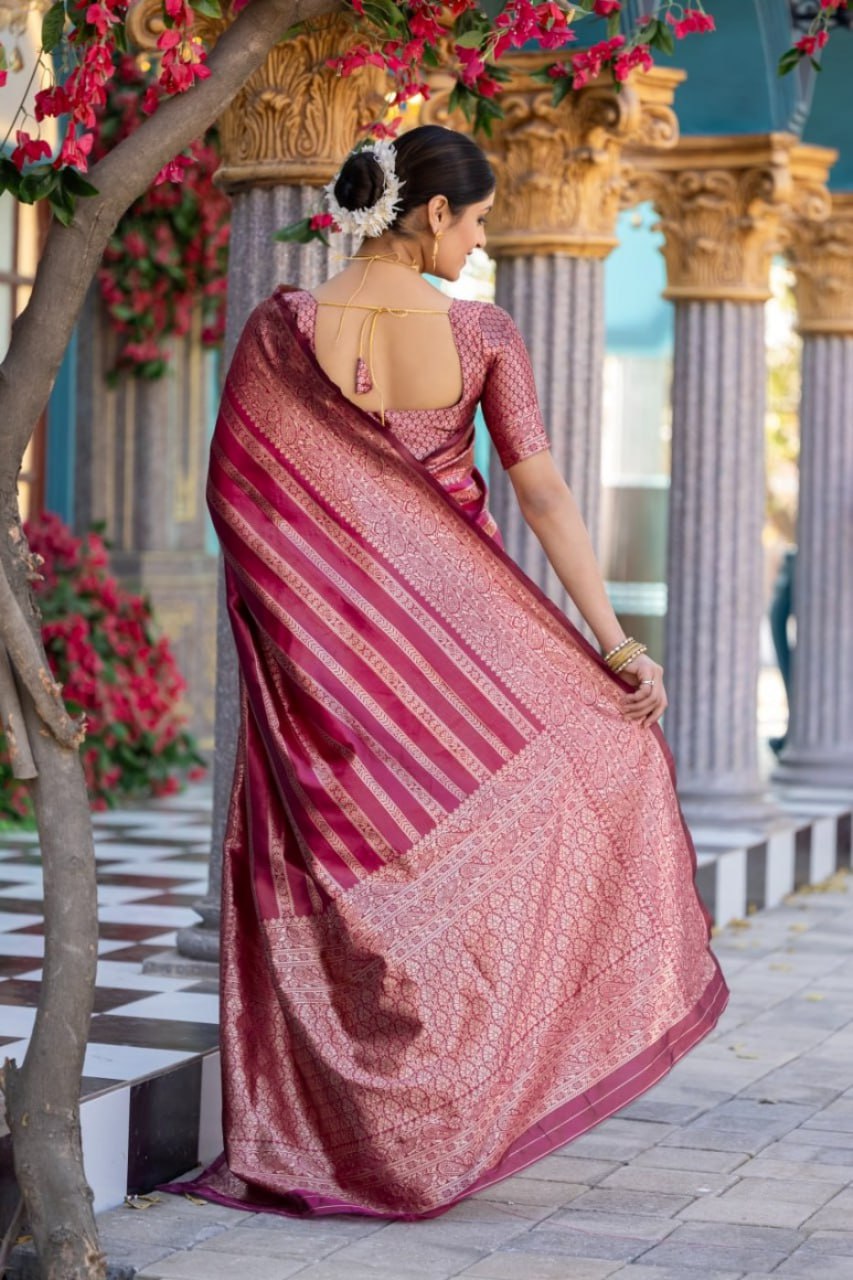Opulent Magenta Striped Banarasi Silk Saree with Rich Brocade Border
