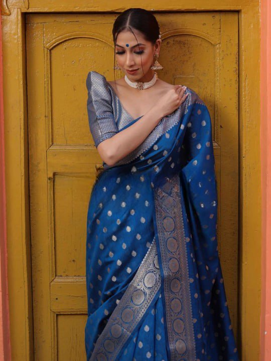 Midnight Blue Banarasi Silk Saree with Intricate Silver Zari Work