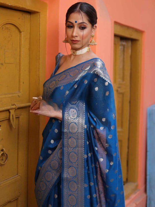 Midnight Blue Banarasi Silk Saree with Intricate Silver Zari Work