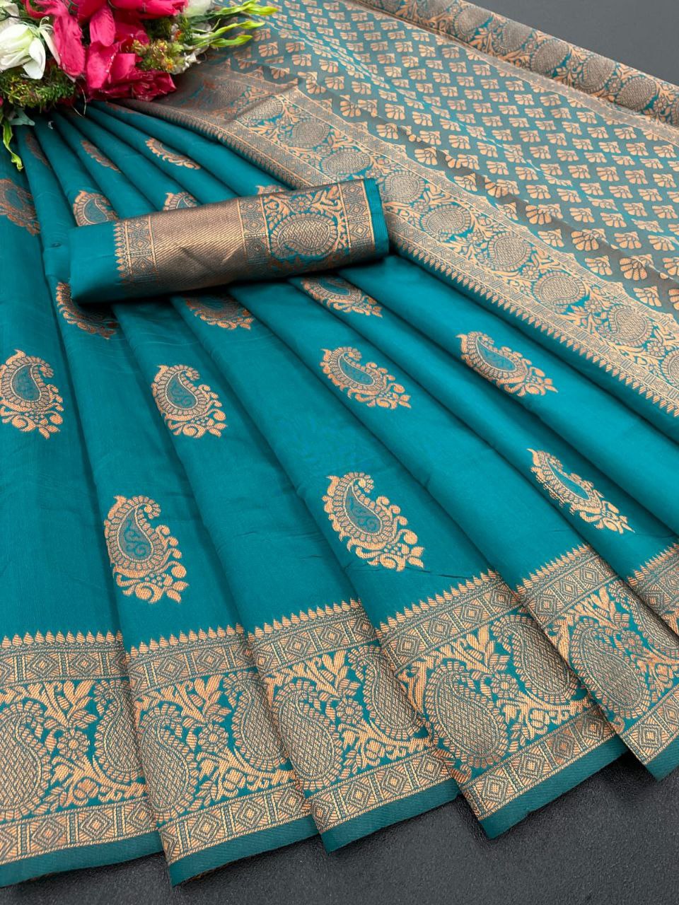 Timeless Elegance Peacock Blue Banarasi Silk Saree with Antique Copper Zari