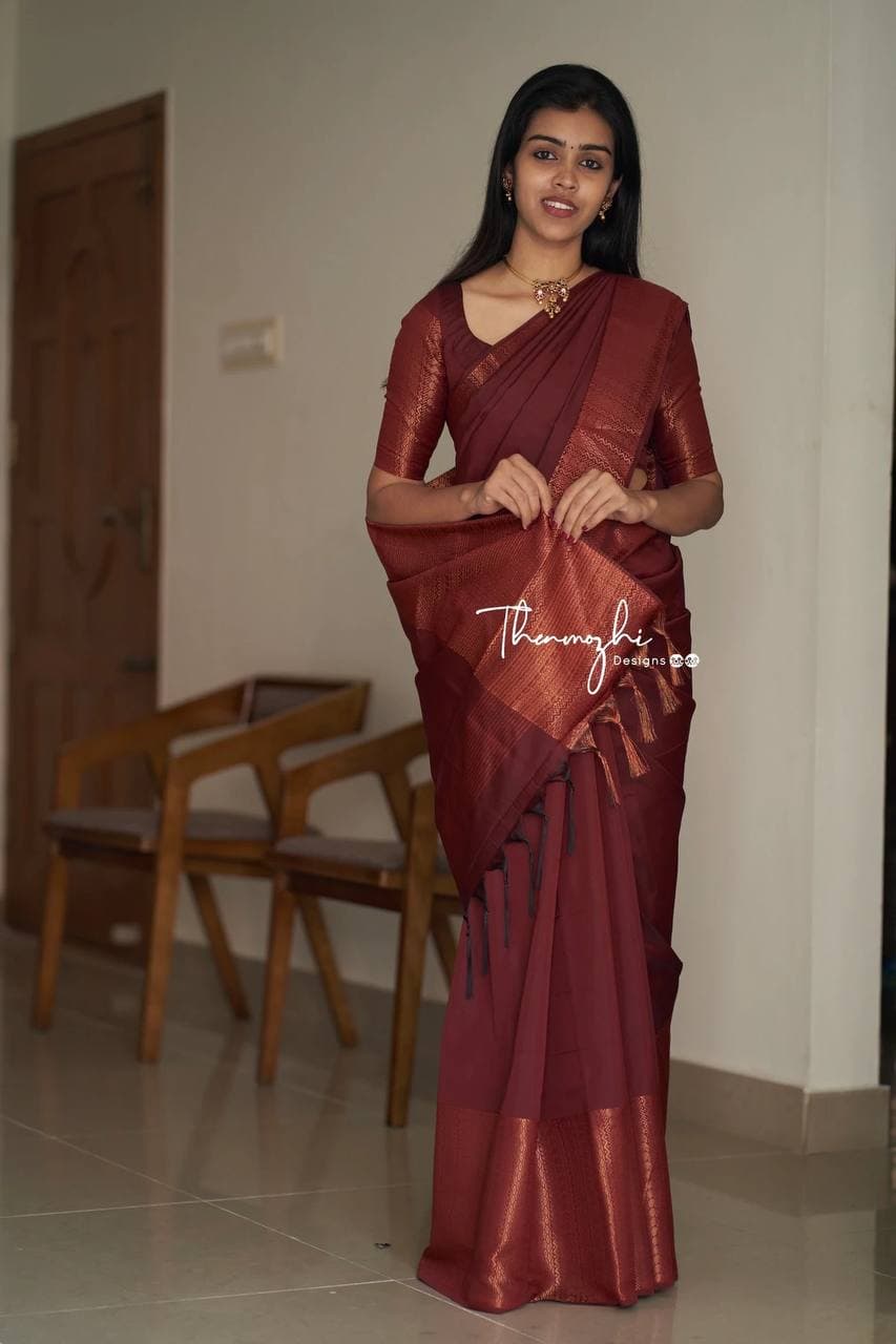 Royal Maroon Banarasi Silk Saree with Intricate Copper Zari Borders