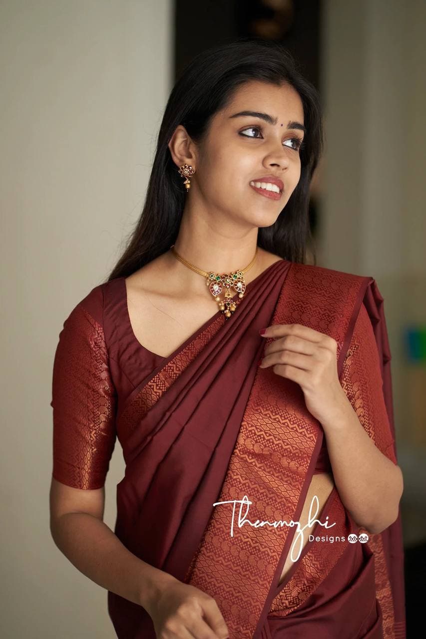 Royal Maroon Banarasi Silk Saree with Intricate Copper Zari Borders