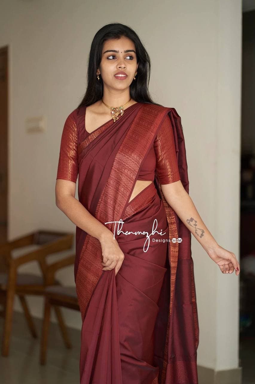 Royal Maroon Banarasi Silk Saree with Intricate Copper Zari Borders